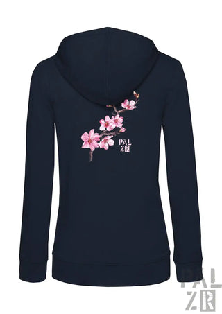 Navyblauer damenkapuzenpullover mit reißverschluss und zartem rosa mandarinenzweig-design von pälzr