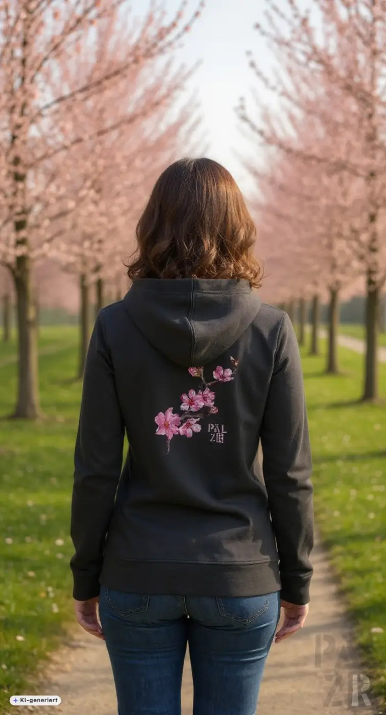 Frauen zipper pälzr mandelzweig schwarzer hoodie mit rosa kirschblütenstickerei und pal zut schrift auf der rückseite