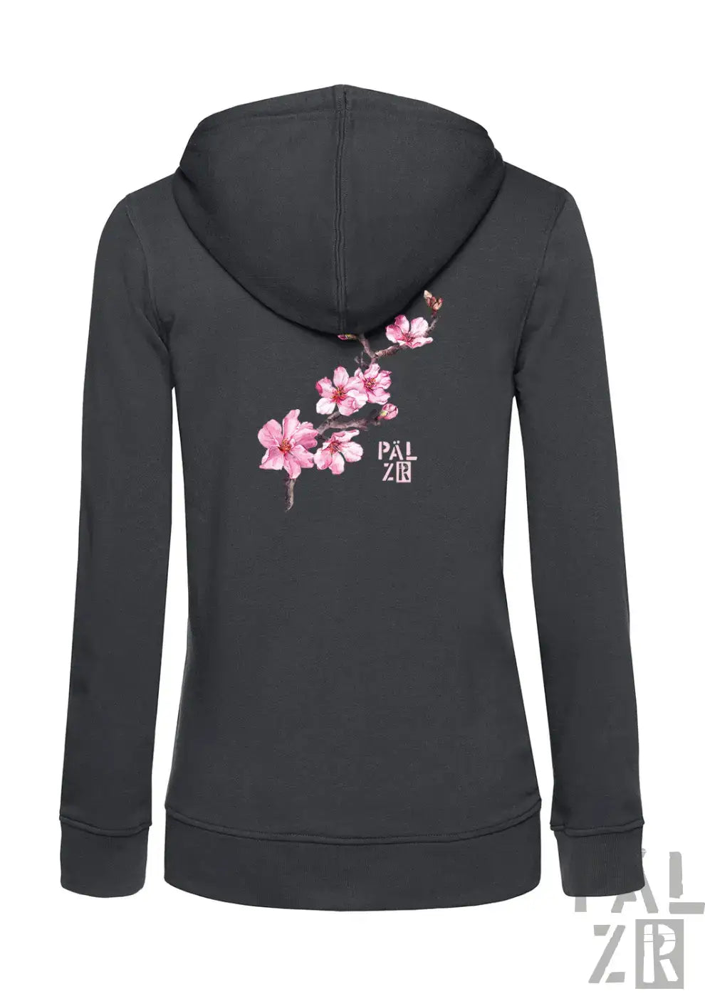 Dunkelgrauer damen zip-up hoodie mit zartem pinkem mandelzweig design auf der rückseite und pal zir branding