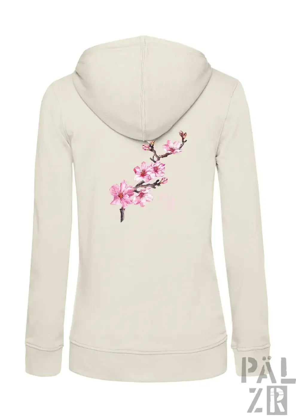 Cremefarbener frauen zipper hoodie mit zartem rosa kirschblütenzweig bestickung auf der rückseite