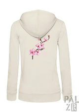 Cremefarbener frauen zipper hoodie mit zartem rosa kirschblütenzweig bestickung auf der rückseite