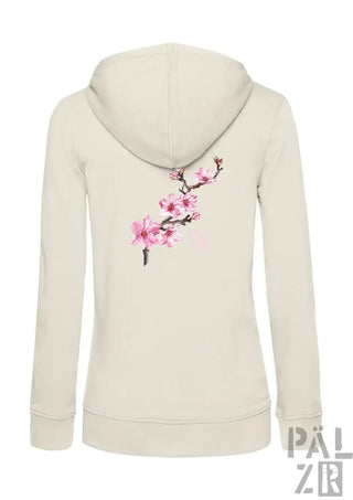 Cremefarbener frauen zipper hoodie mit zartem rosa kirschblütenzweig bestickung auf der rückseite