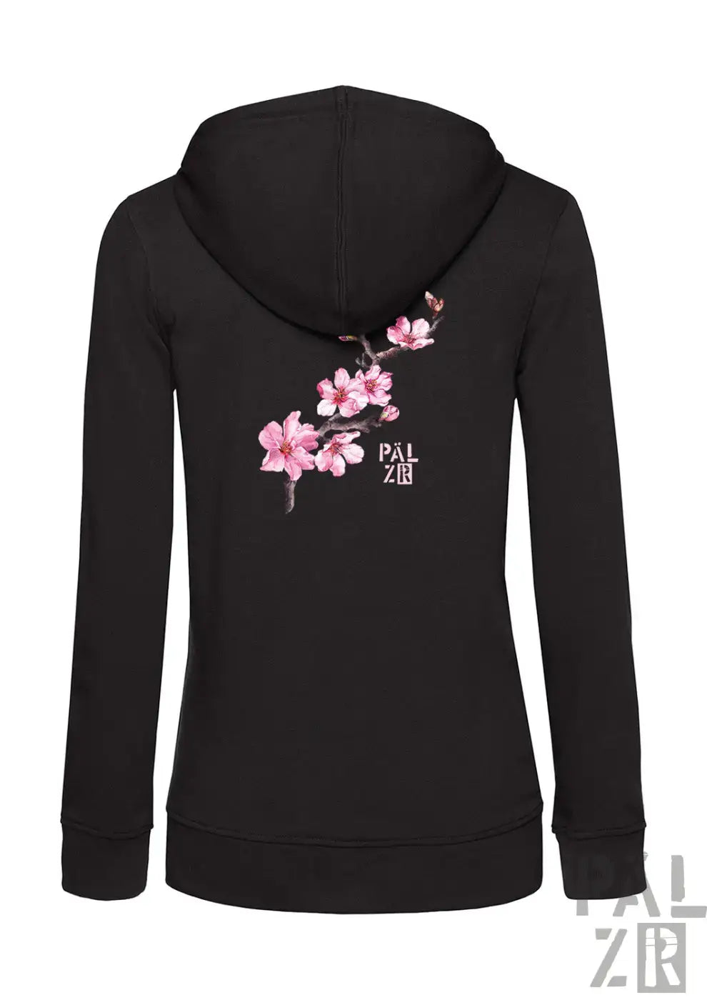 Frauen zipper pälzr schwarzer hoodie mit zartem rosa mandelzweig design auf der rückseite und pal zir branding