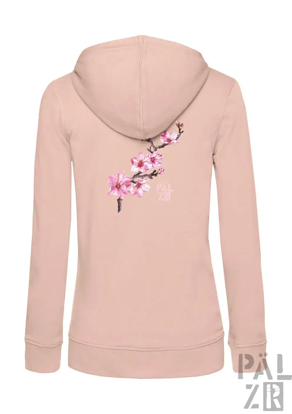 Eine weiche blush-pinke zip-up-hoodie mit zartem stickerei mandelzweig und chinesischen zeichen