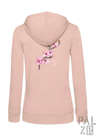 Eine weiche blush-pinke zip-up-hoodie mit zartem stickerei mandelzweig und chinesischen zeichen
