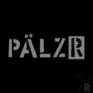 Graues pälzr logo in stencil schrift auf schwarzem hintergrund auf damen zipper von pälzr originals