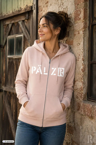 Frauen zip-up hoodie in softem rosa mit weißem päzer logo auf der brust aus pälzr originals kollektion