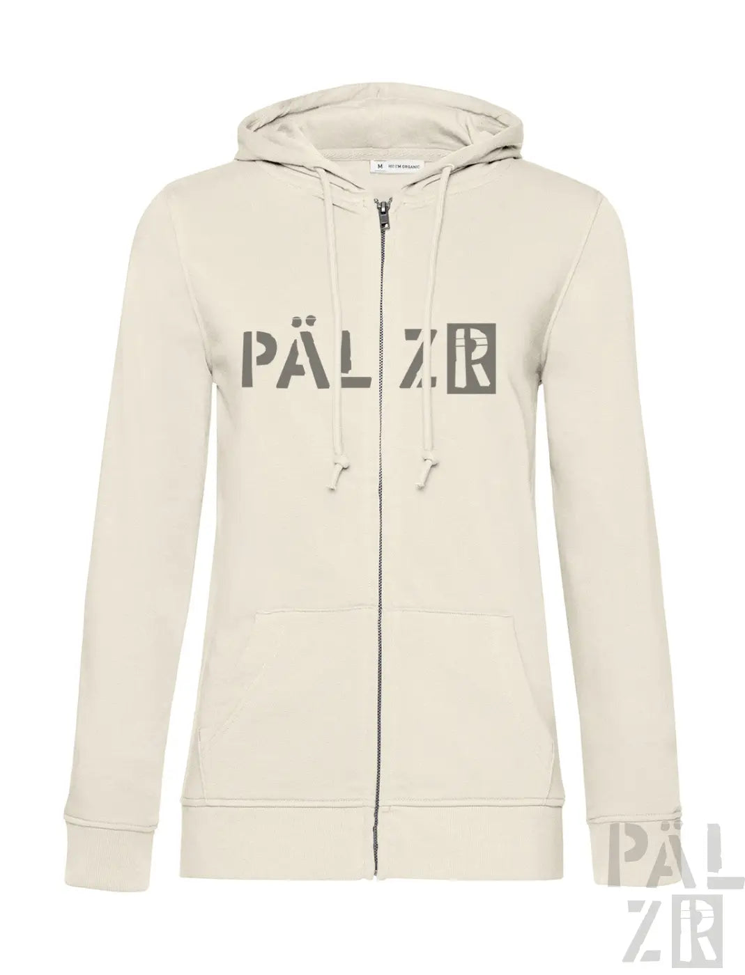 Beige pälzr zip-up hoodie für frauen mit auffälligem grauem logo auf der brust aus pälzr originals material