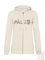 Beige pälzr zip-up hoodie für frauen mit auffälligem grauem logo auf der brust aus pälzr originals material