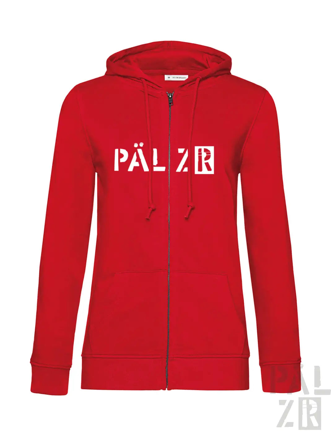 Rote zipperjacke für frauen mit weißen pärlz r buchstaben auf der brust von PÄLZR Originals
