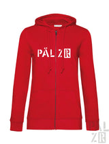 Rote zipperjacke für frauen mit weißen pärlz r buchstaben auf der brust von PÄLZR Originals