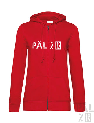 Rote zipperjacke für frauen mit weißen pärlz r buchstaben auf der brust von PÄLZR Originals