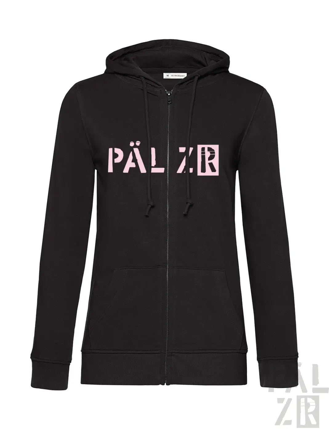 Schwarzer zip-up hoodie für frauen mit pinkem pälzr schriftzug auf der brust von pälzr originals