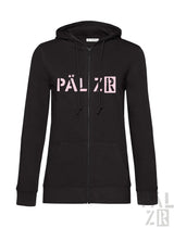 Schwarzer zip-up hoodie für frauen mit pinkem pälzr schriftzug auf der brust von pälzr originals