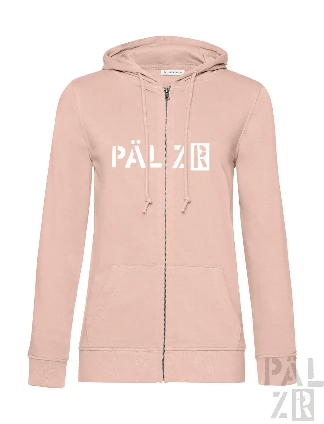 Eine weiche blush pink zip-up hoodie mit weißem Pälzr Logo auf der Brust und passenden Kordeln für Frauen