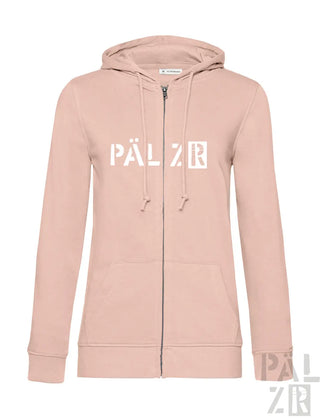 Eine weiche blush pink zip-up hoodie mit weißem Pälzr Logo auf der Brust und passenden Kordeln für Frauen
