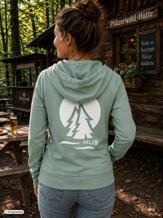Frauen zipper pärzerwald zwei hellgrüner hoodie mit weißem kreisgrafik zweien kiefern und pälzer schriftzug