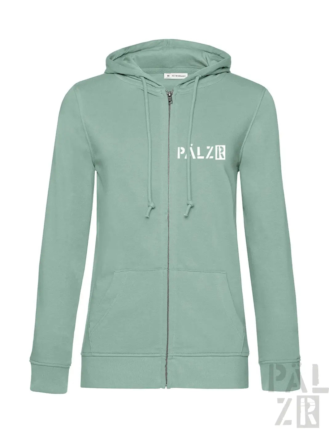 Frauen mintgrüner zipper von pälzrwald zwei mit weißem palz logo und passenden kordeln in verschiedenen farben