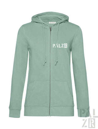 Frauen mintgrüner zipper von pälzrwald zwei mit weißem palz logo und passenden kordeln in verschiedenen farben