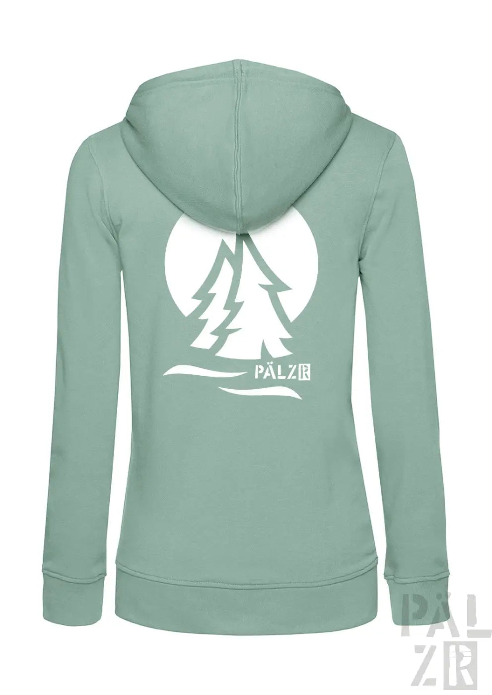 Frauen mintgrüner zipper mit weißem grafikdruck zwei fichten vor mond und pälz logo in verschiedenen farben