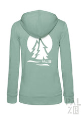 Frauen mintgrüner zipper mit weißem grafikdruck zwei fichten vor mond und pälz logo in verschiedenen farben