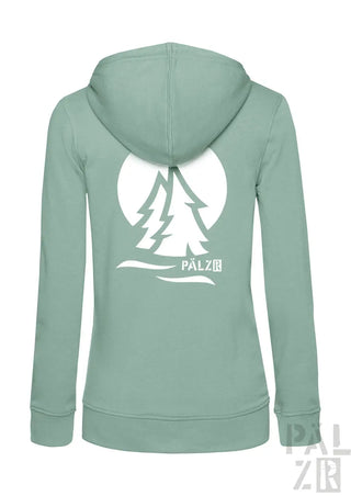 Frauen mintgrüner zipper mit weißem grafikdruck zwei fichten vor mond und pälz logo in verschiedenen farben