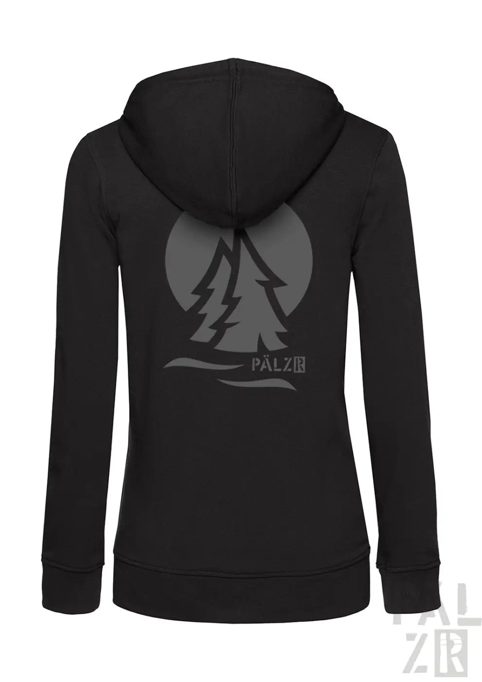 Schwarzer damen zipper mit grauem wald zwei motive und palz logo auf der brust in verschiedenen farben