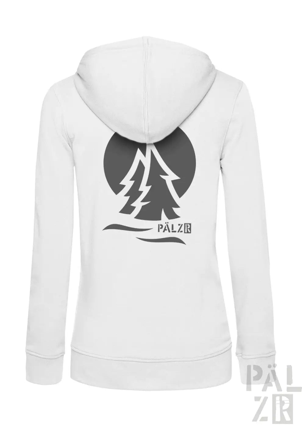 Weißes damen zip hoodie mit schwarzem pälzb wacholderwald baumkreis grafik vorne