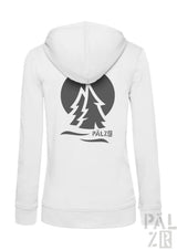 Weißes damen zip hoodie mit schwarzem pälzb wacholderwald baumkreis grafik vorne