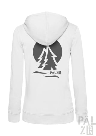 Weißes damen zip hoodie mit schwarzem pälzb wacholderwald baumkreis grafik vorne