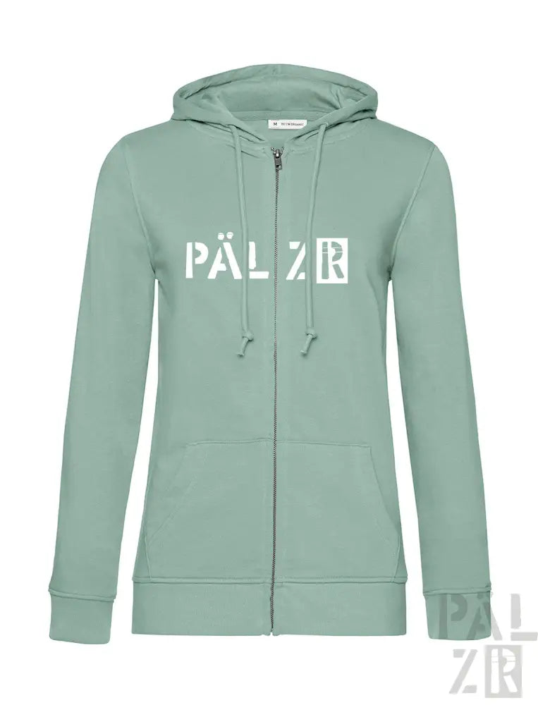 Minzgrüner Reißverschluss-Hoodie mit ’pälzr’ Logo.