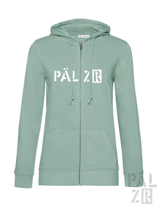 Minzgrüner Reißverschluss-Hoodie mit ’pälzr’ Logo.