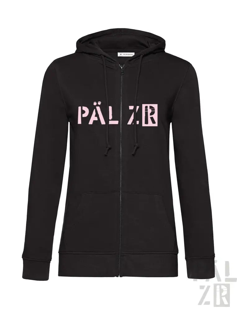 Schwarze Kapuzenjacke mit Reißverschluss und Logo ’palzr’ in pink-weißem Design, mit Kapuze.