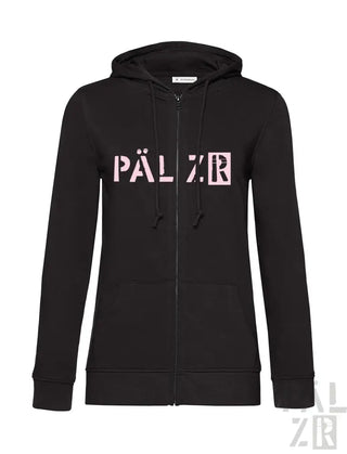 Schwarze Kapuzenjacke mit Reißverschluss und Logo ’palzr’ in pink-weißem Design, mit Kapuze.