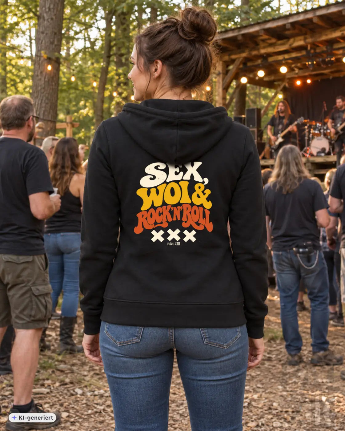 Black hoodie für frauen mit retro stil grafik sex und rock n roll design auf der rückseite