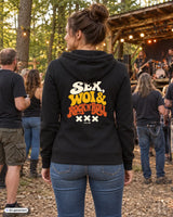 Black hoodie für frauen mit retro stil grafik sex und rock n roll design auf der rückseite
