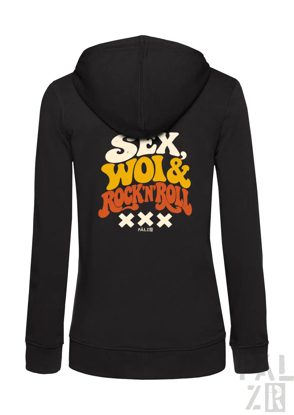 Schwarzer frauen zipper hoodie mit retro grafik sex woi und rock n roll in creme und orange lettering