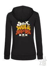 Schwarzer frauen zipper hoodie mit retro grafik sex woi und rock n roll in creme und orange lettering