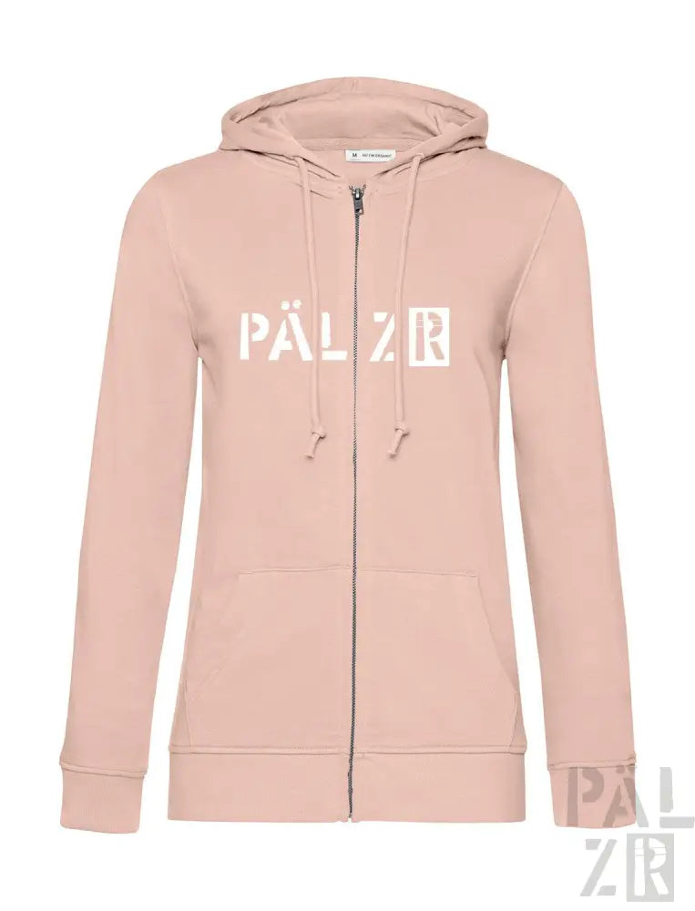 Hellrosa Kapuzenpulli mit Reißverschluss und ’pälzr’-Logo in Weiß auf der Vorderseite.