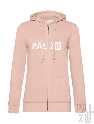 Hellrosa Kapuzenpulli mit Reißverschluss und ’pälzr’-Logo in Weiß auf der Vorderseite.