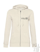 Frauen zip-up hoodie cream mit schwarzem palz logo auf der brust und passenden kordeln sternegugger