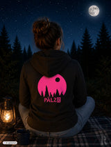 Schwarzer damen zipper hoodie mit pinkem kreisgrafik und pälz schriftzug im sternegugger design