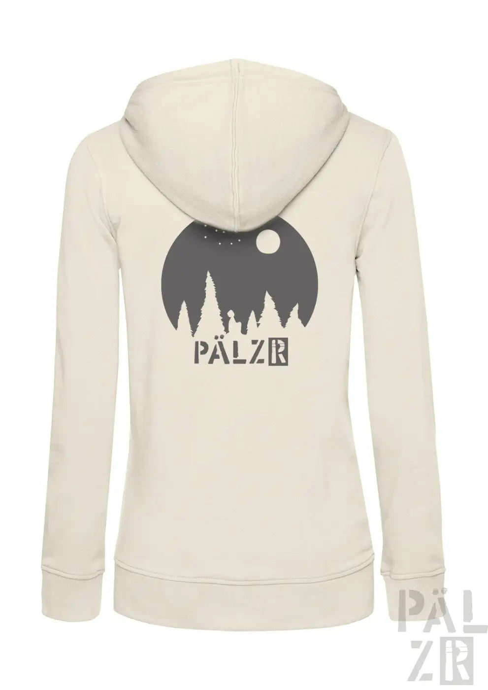 Creamfarbener frauen zipper hoodie mit dunkelgrauem sternebaum grafik und pälzr markenlogo vorne