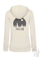 Creamfarbener frauen zipper hoodie mit dunkelgrauem sternebaum grafik und pälzr markenlogo vorne