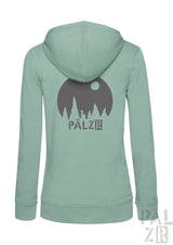 Mintgrüner frauen zipper mit dunklem mond und baum grafik auf der rückseite und pälz markenname darunter