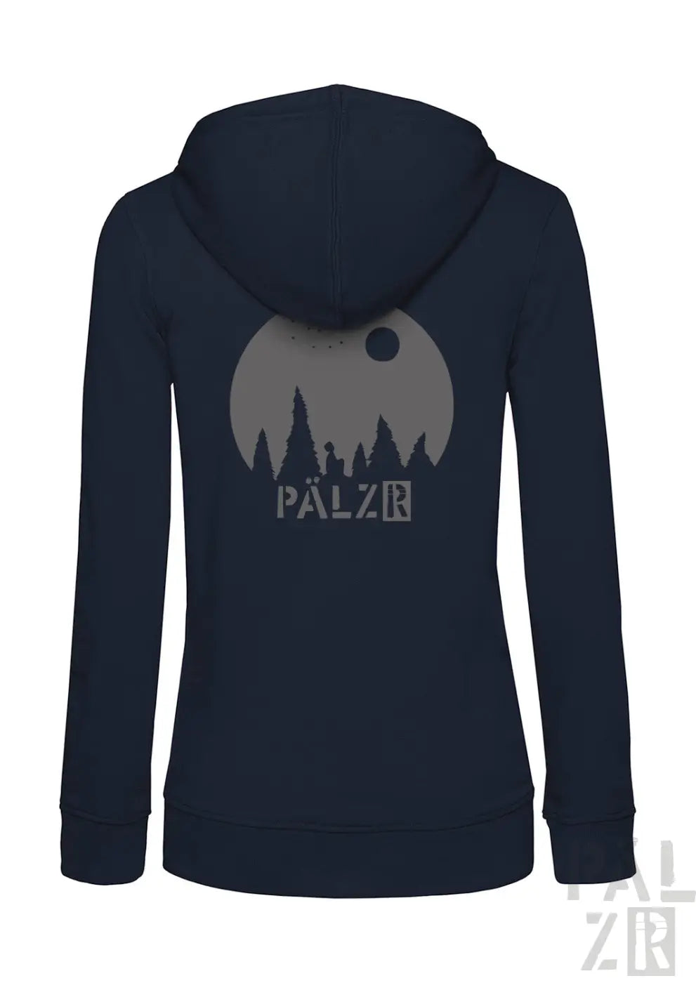 Navyblauer zip-up hoodie für frauen mit grauem mond-motiv und pälzr-schriftzug von sternegugger in verschiedenen farben