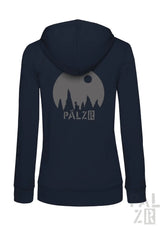 Navyblauer zip-up hoodie für frauen mit grauem mond-motiv und pälzr-schriftzug von sternegugger in verschiedenen farben