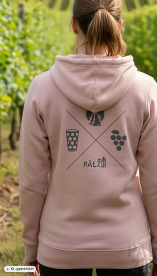 Frauens weicher rosa kapuzenpullover mit dunkelgrauem grafischem weinmotiv auf der rückseite