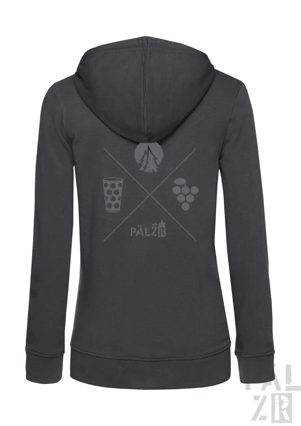 Dunkelgrauer damen zip-up hoodie mit subtilen grafiken aus kreuzenden linien und symbolen wie berg glas trauben