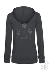 Dunkelgrauer damen zip-up hoodie mit subtilen grafiken aus kreuzenden linien und symbolen wie berg glas trauben